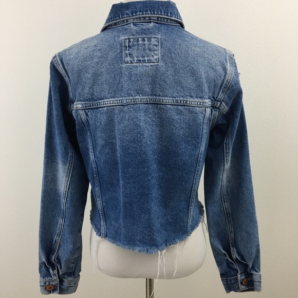 F21 | Distressed Cropped Blue Denim Jean Jacket - Picture 9 of 9
